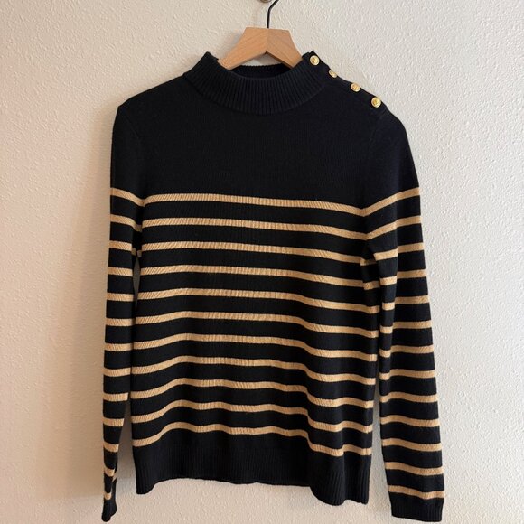 Lands End Cashmere Sweater Womens M Petite Striped Black & Brown Sailor Style - Picture 1 of 12